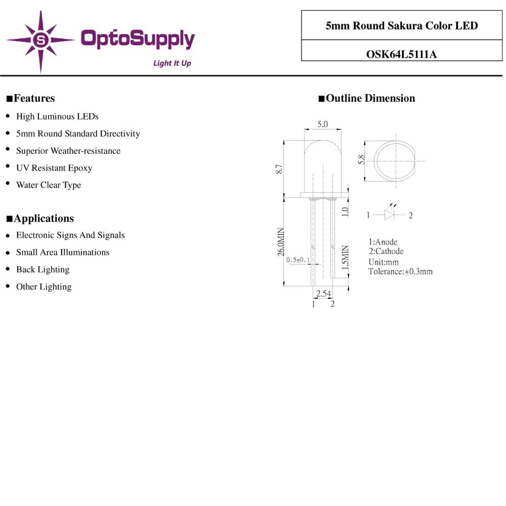 LED ȯ������������ 5mm ˤ�Ʒ� Sakura OptoSupply 7000-8400mcd 30mA 15deg OSK64L5111A 20��