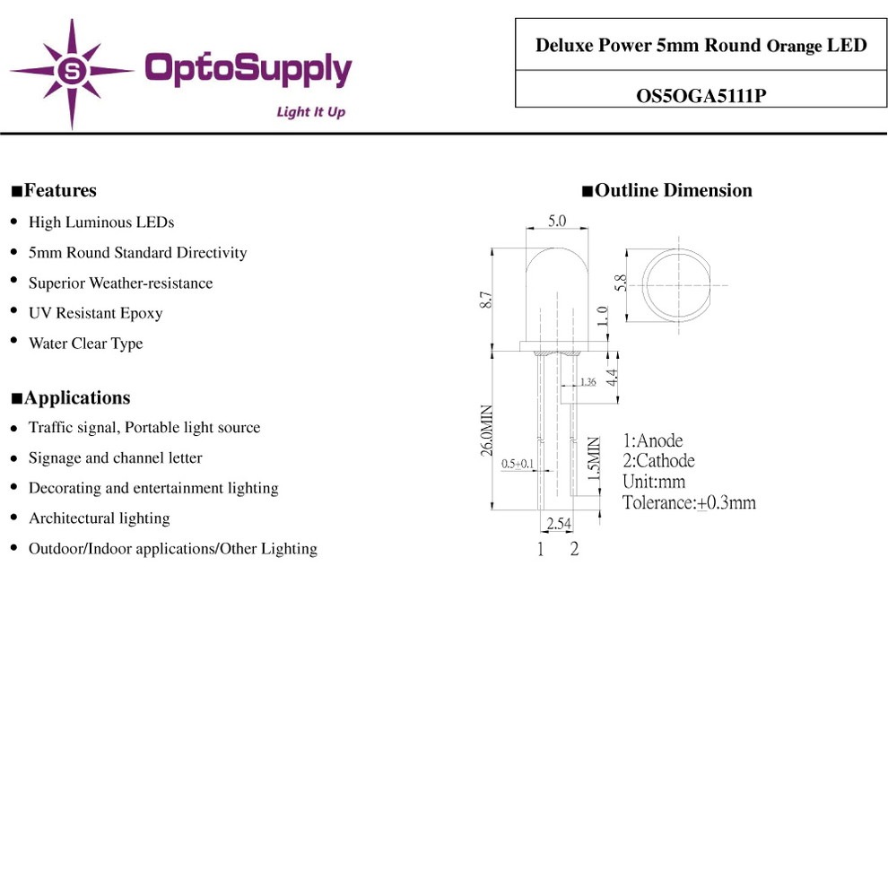 LED ȯ������������ 5mm ˤ�Ʒ� Orange OptoSupply Deluxe Power 100000mcd 50mA 15deg OS5OGA5111P 10��