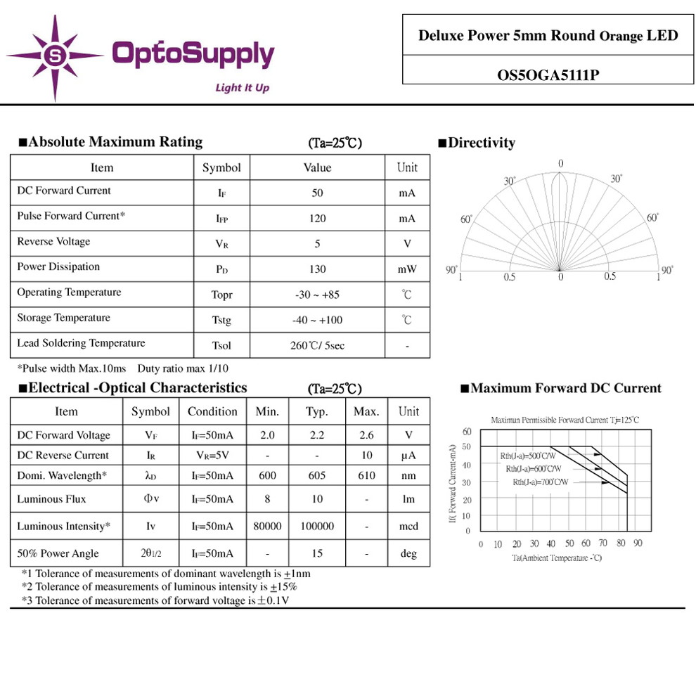 LED ȯ������������ 5mm ˤ�Ʒ� Orange OptoSupply Deluxe Power 100000mcd 50mA 15deg OS5OGA5111P 10��
