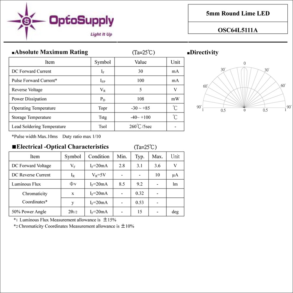 LED ȯ������������ 5mm ˤ�Ʒ� LIME OptoSupply OSC64L5111A 20��