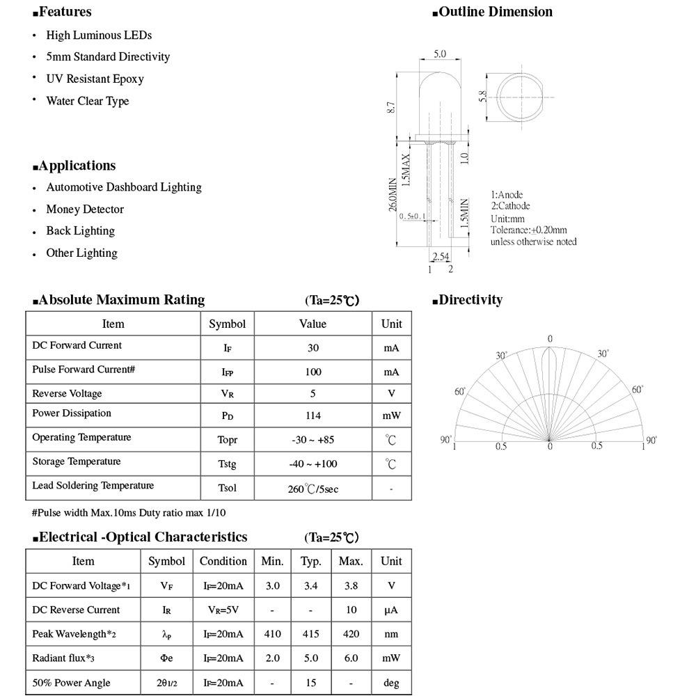 LED ȯ������������ 5mm ˤ�Ʒ� �糰�� OptoSupply 415nm OSV6YL5111A 10��