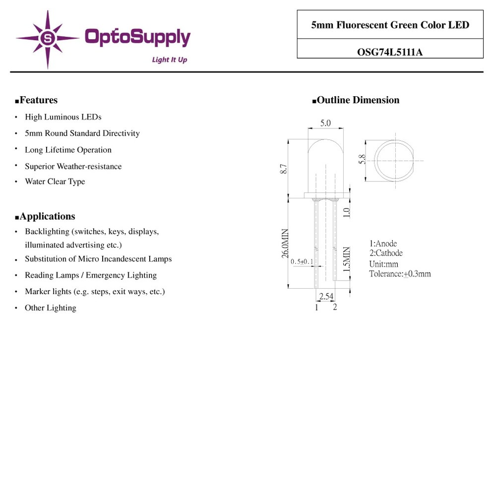 LED ȯ������������ 5mm ˤ�Ʒ� Fluorescent Green OptoSupply 20000-22000mcd 30mA 15deg OSG74L5111A 20��