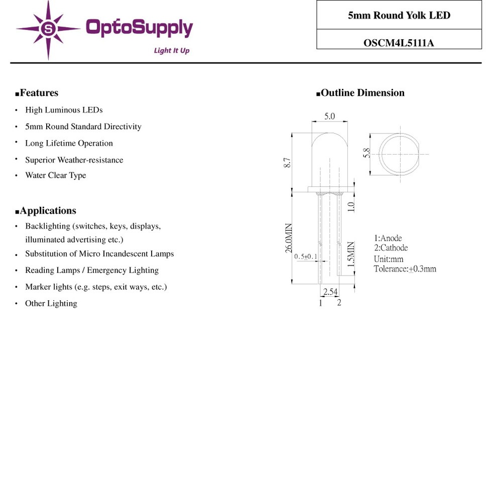 LED ȯ������������ 5mm ˤ�Ʒ� Yolk OptoSupply 30mA 15deg OSCM4L5111A 20��