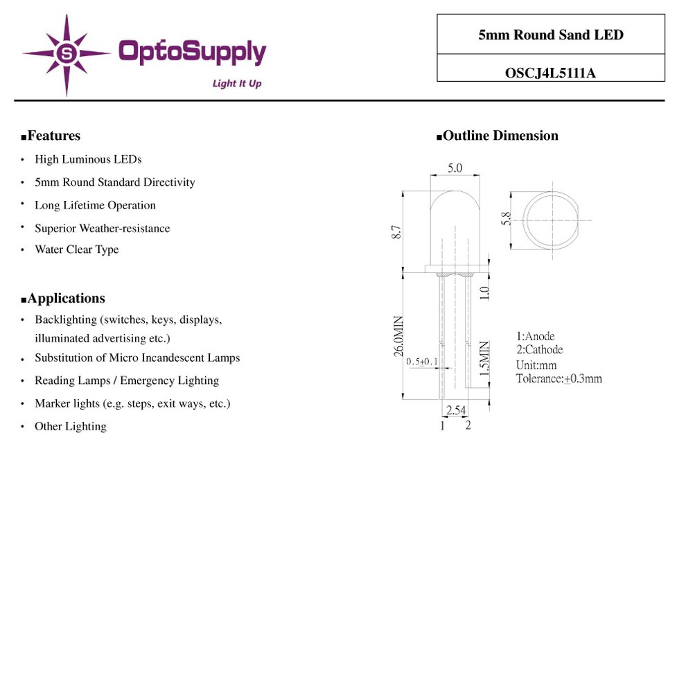 LED ȯ������������ 5mm ˤ�Ʒ� Sand OptoSupply 30mA 15deg OSCJ4L5111A 20��