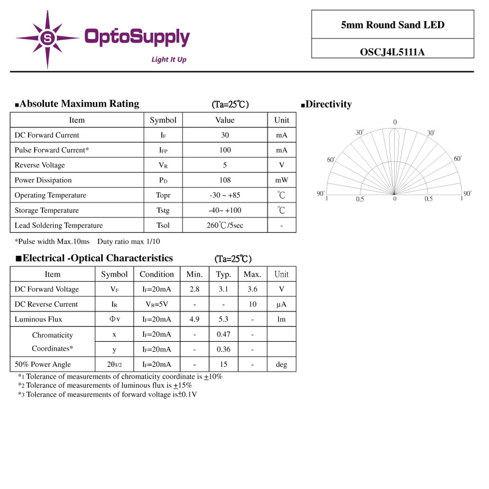 LED ȯ������������ 5mm ˤ�Ʒ� Sand OptoSupply 30mA 15deg OSCJ4L5111A 20��