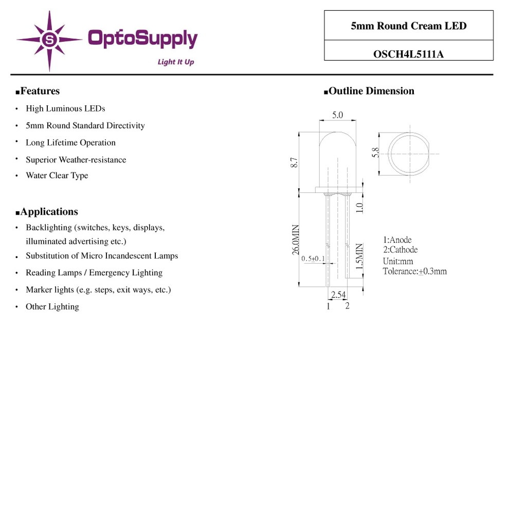 LED ȯ������������ 5mm ˤ�Ʒ� Cream OptoSupply 30mA 15deg OSCH4L5111A 20��