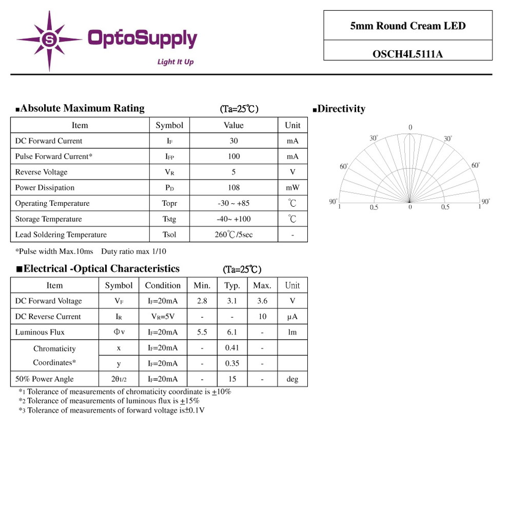 LED ȯ������������ 5mm ˤ�Ʒ� Cream OptoSupply 30mA 15deg OSCH4L5111A 20��