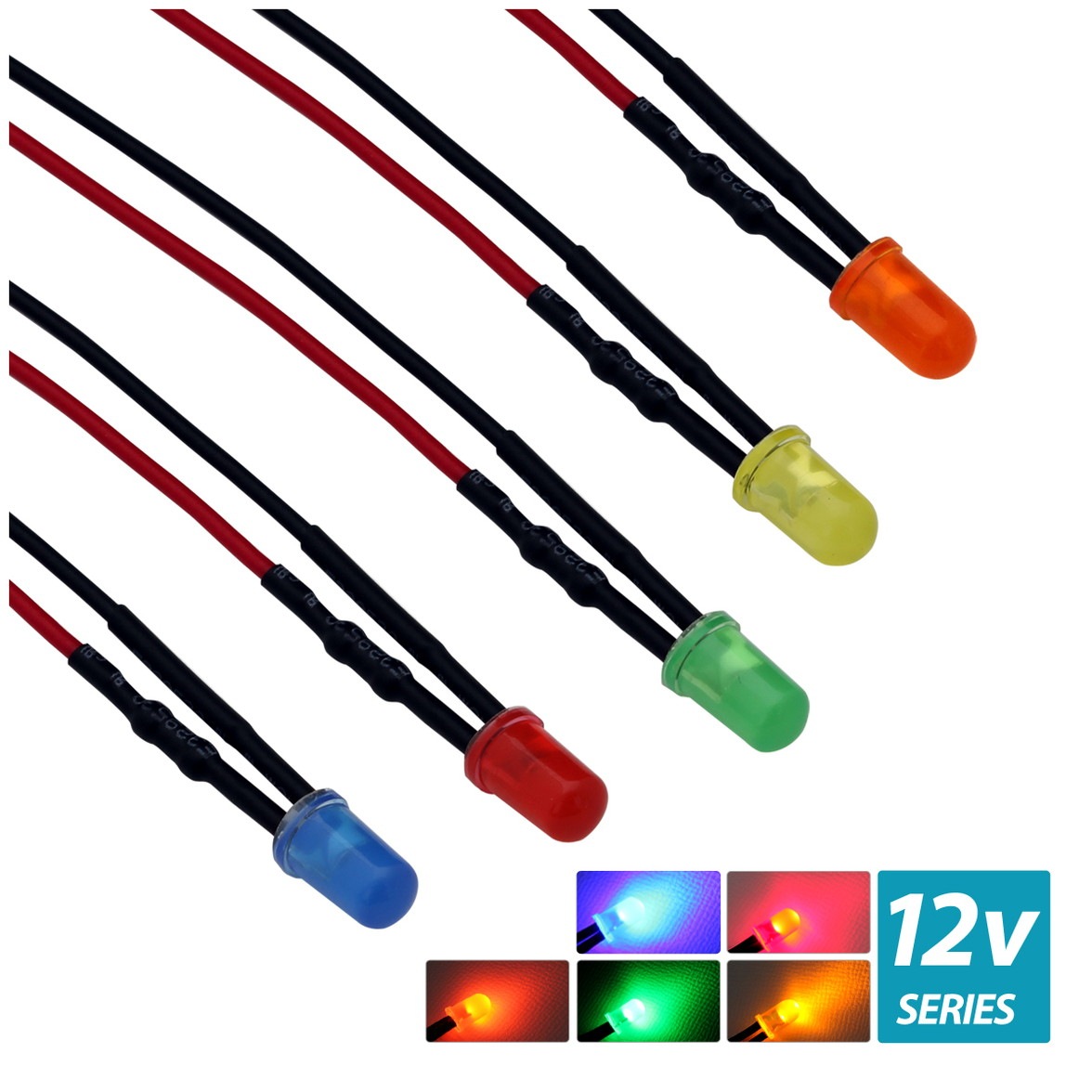 LED ȯ������������ 5mm ˤ�Ʒ� 12V���� ���դ� ���顼��� �����֥�18cm 10��