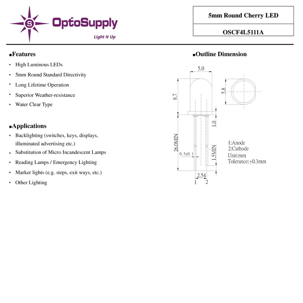 LED ȯ������������ 5mm ˤ�Ʒ� Cherry OptoSupply 30mA 15deg OSCF4L5111A 20��