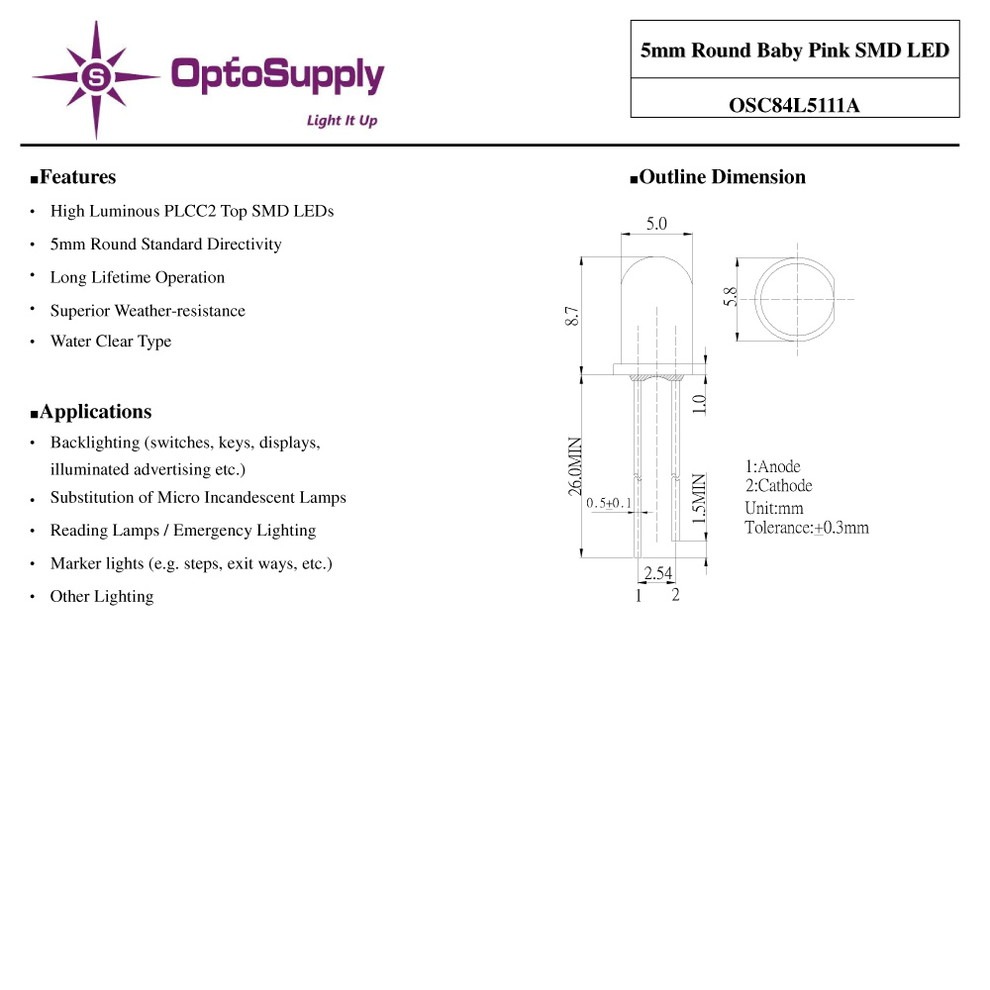 LED ȯ������������ 5mm ˤ�Ʒ� Baby Pink OptoSupply 30mA 15deg OSC84L5111A 20��