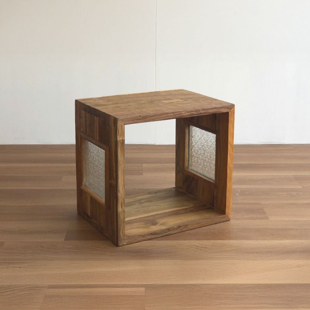 UKKO/チーク古材 キューブボックス(サイドガラス)(ナチュラル)