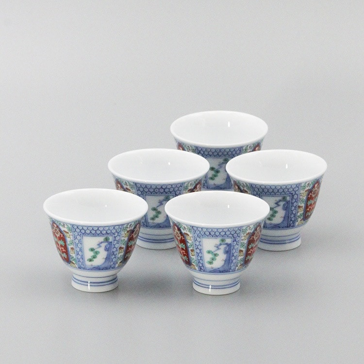 1572 九谷焼　角福　松竹梅文　青手煎茶碗　5客　時代物 1572 九谷焼 角福 松竹梅文 青手煎茶碗 5客 時代物 忠之助商店 /