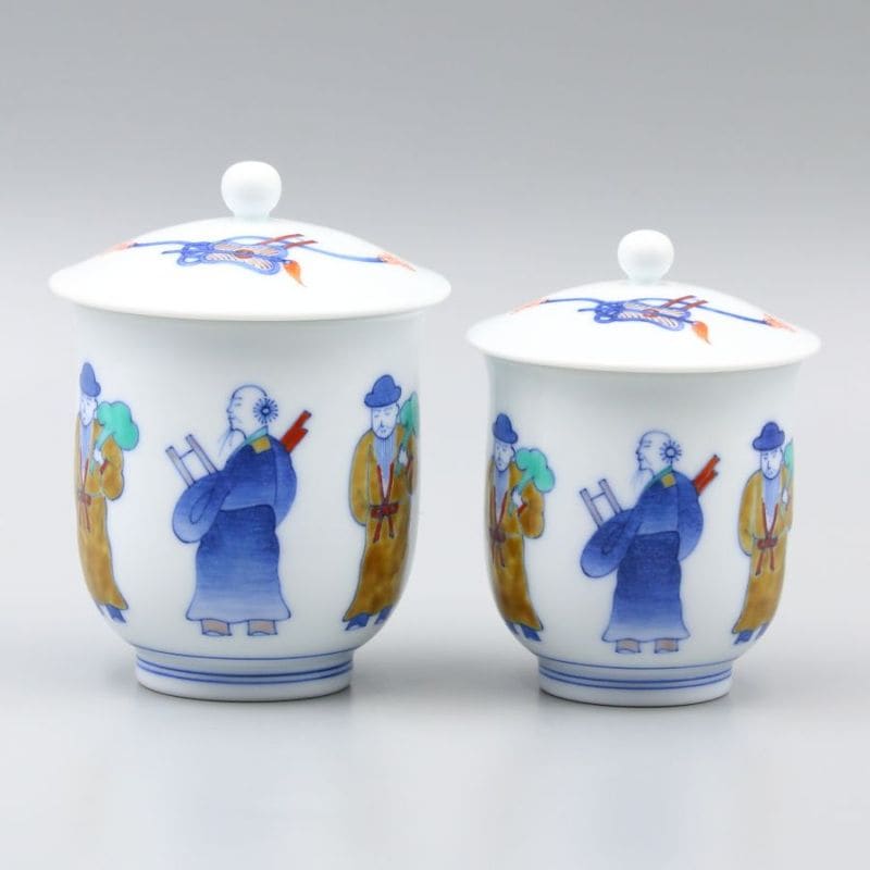 組湯呑 内蓋 染錦唐人物文