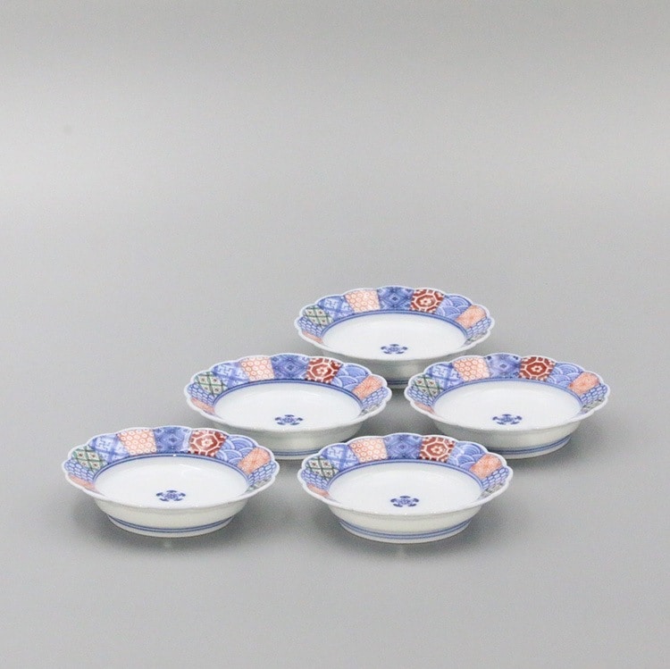 豆皿 菊形 染錦地文