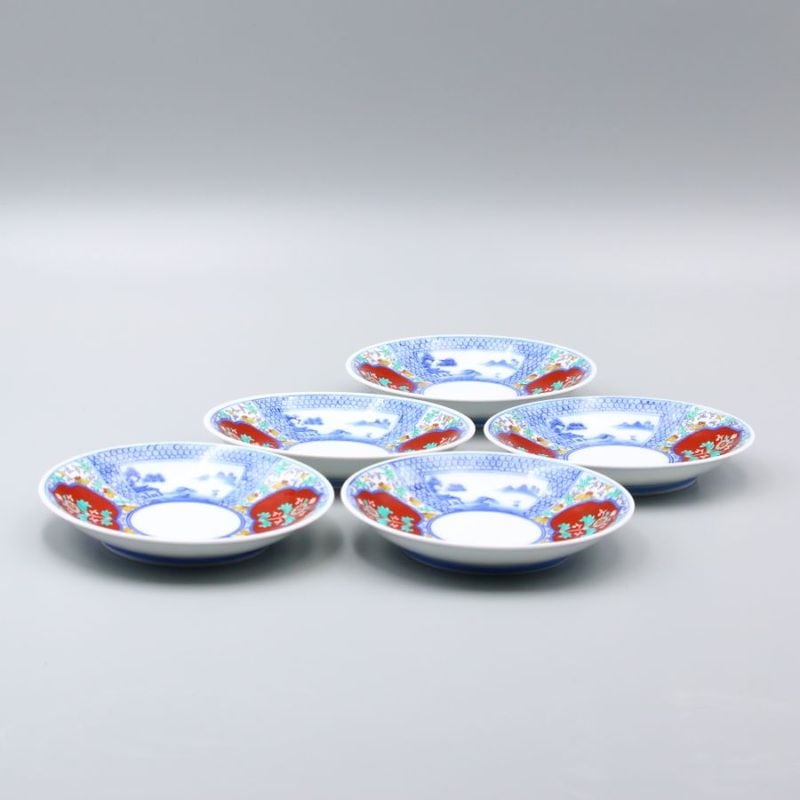 皿 4寸 縁反 染錦 山水地文