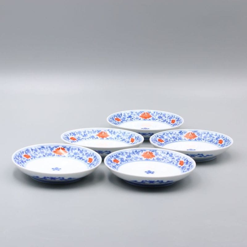 皿 4寸 丸 染錦 牡丹唐草文