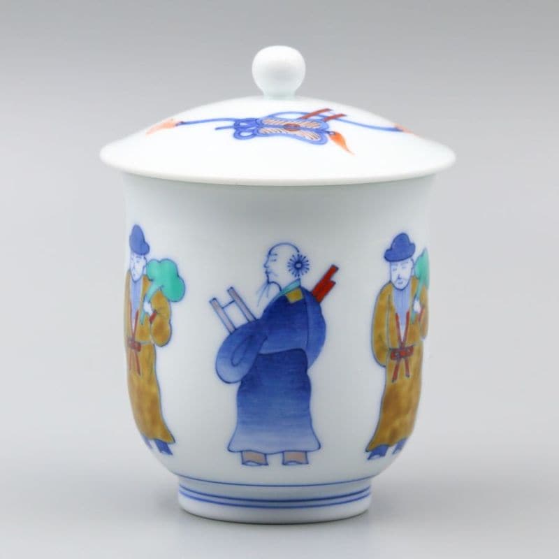 湯呑 内蓋大 染錦 唐人物文