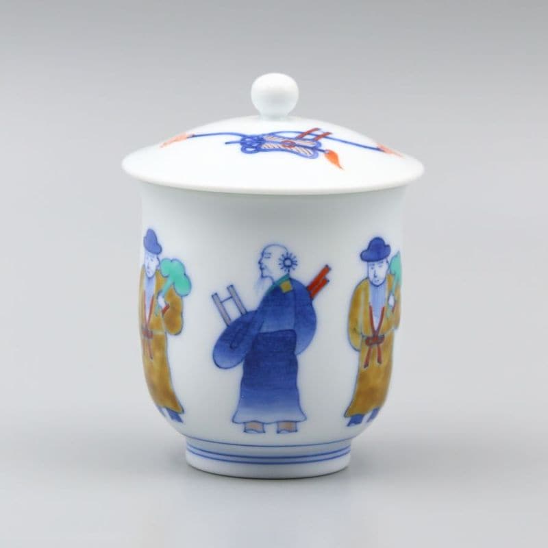 湯呑 内蓋小 染錦 唐人物文