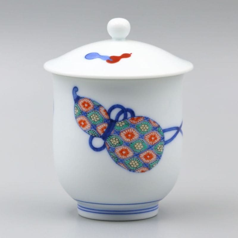 湯呑 内蓋大 染錦 瓢文