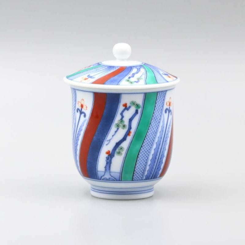 湯呑 内蓋小 染錦 捻割文