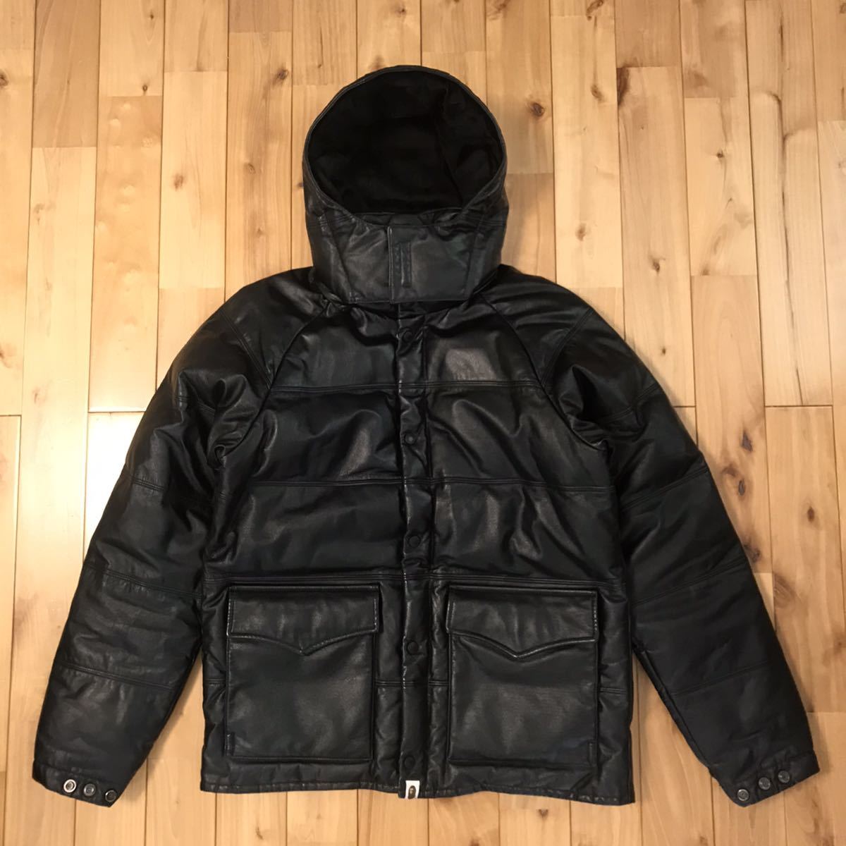 ☆XL☆ 牛革 フード付き ダウンジャケット black a bathing ape BAPE  