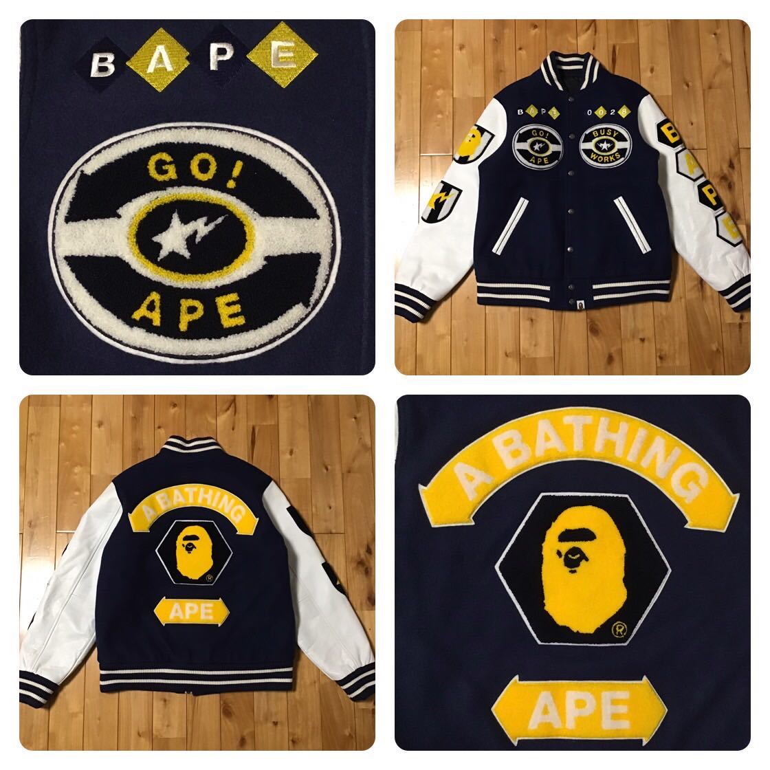 袖レザー BAPE LOGO varsity jacket Mサイズ ネイビー a bathing