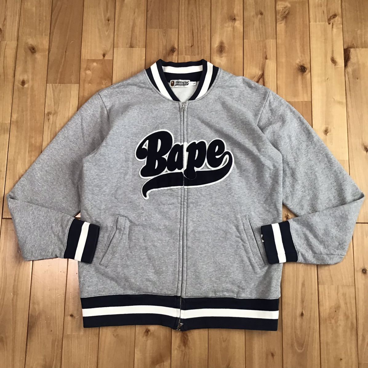 BAPE LOGO スウェット ブルゾン Lサイズ グレー × ネイビー a bathing 