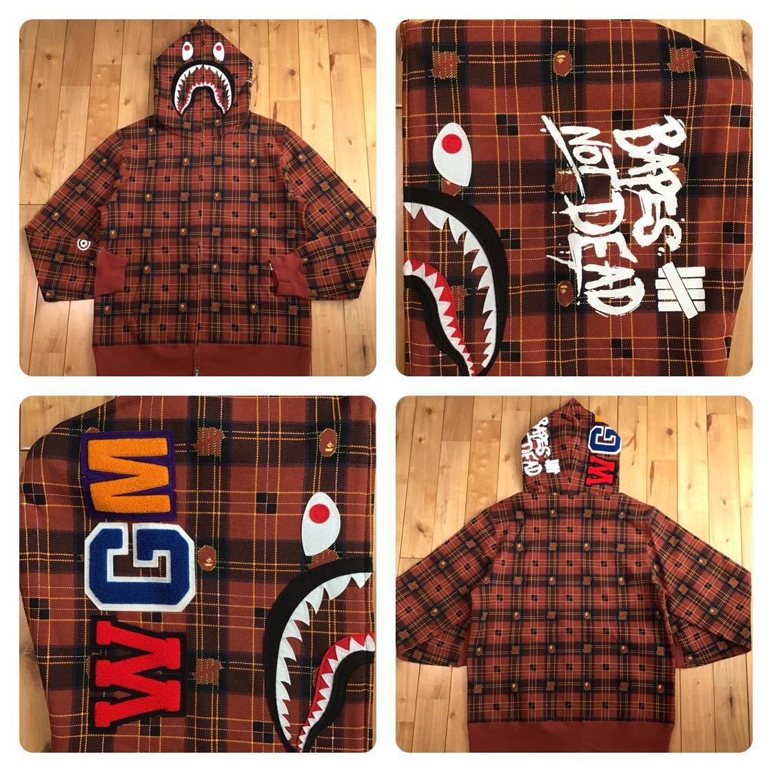 ☆XXL☆ Undefeated × BAPE シャーク パーカー dark red check shark  