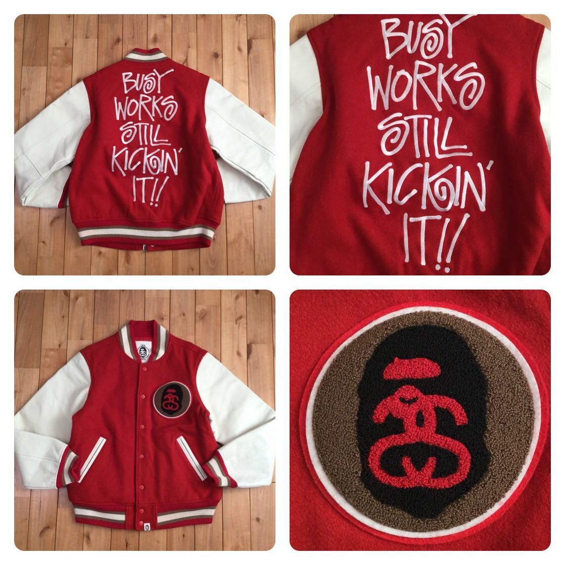 STUSSY × BAPE 袖レザー スタジャン Lサイズ Red a bathing ape