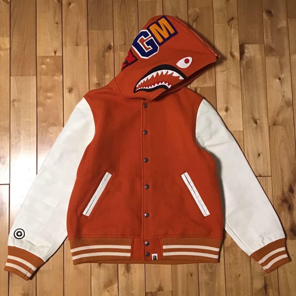 APE シャークスタジャン M 袖革 シャークパーカー 袖レザー shark hoodie varsity jacket Mサイズ a bathing ape