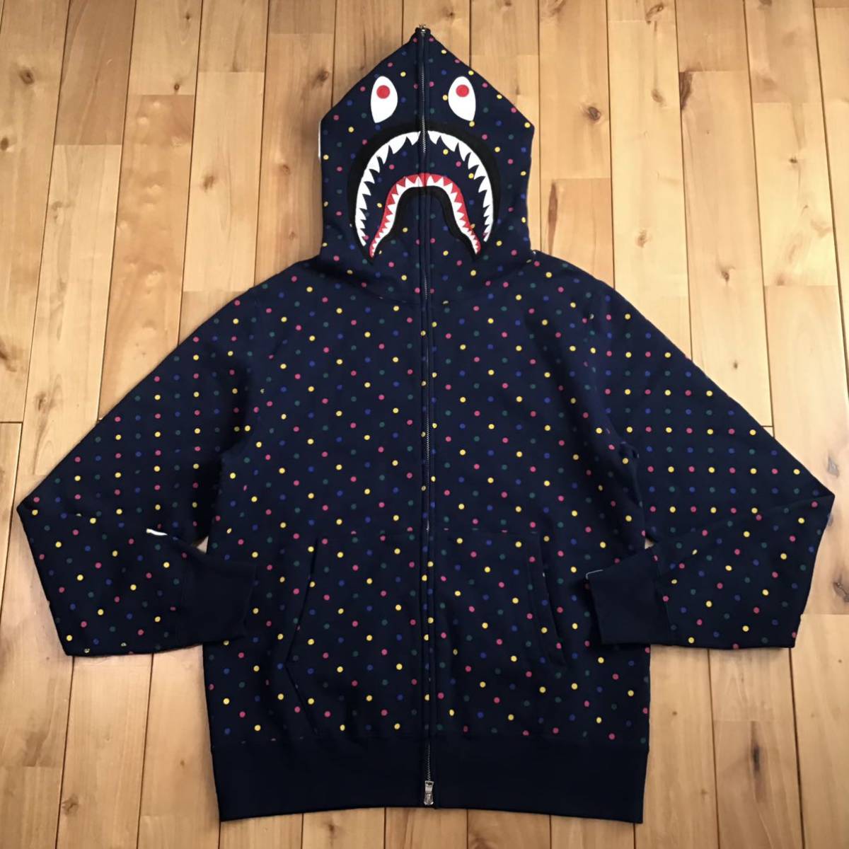 Multi color ドット柄 シャーク パーカー Lサイズ NAVY dot shark full