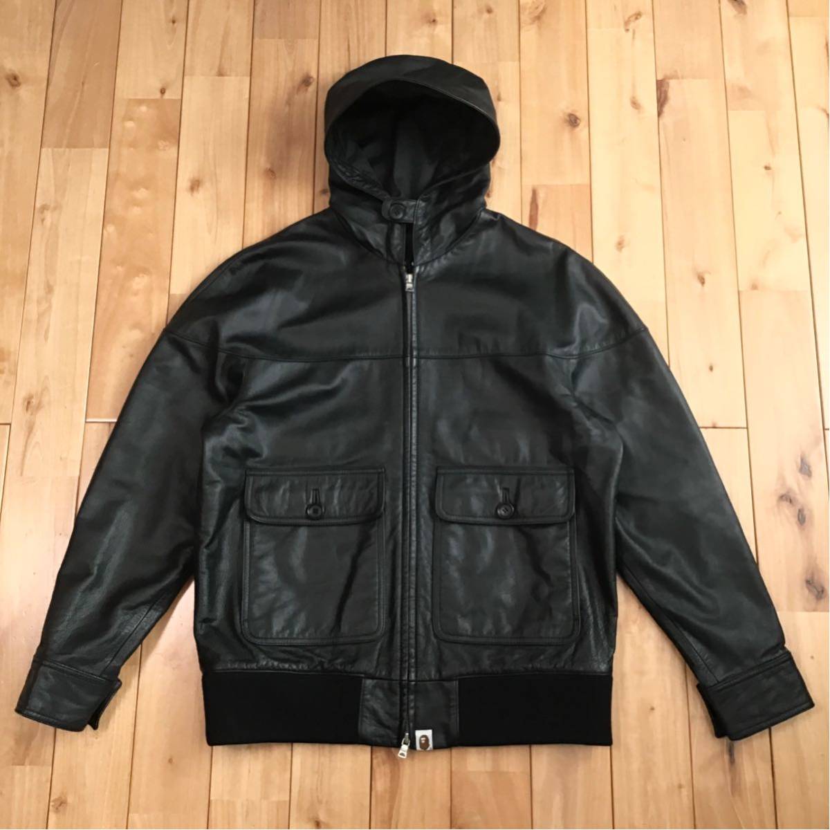 BAPE 牛革 ジップ パーカー ジャケット Sサイズ black a bathing ape