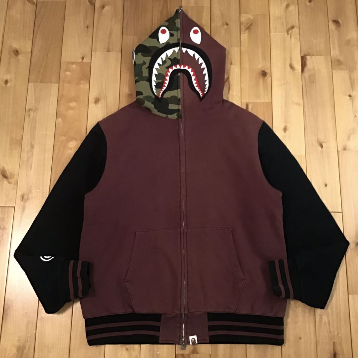 A BATHING APE エイプ シャーク　キルティング　レディース 中綿キルティング シャーク パーカー Lサイズ Burgundy 1st camo shark