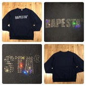 Swarovski BAPE STA logo 長袖スウェット Mサイズ ネイビー a bathing ape BAPESTA スワロフスキー エイプ ベイプ ラインストーン NIGO w4