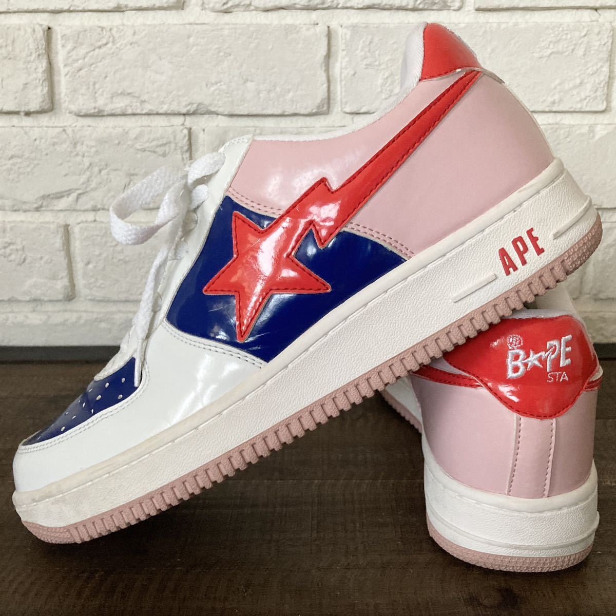 BAPESTA エナメル スニーカー 27.5cm ホワイト ピンク ブルー a