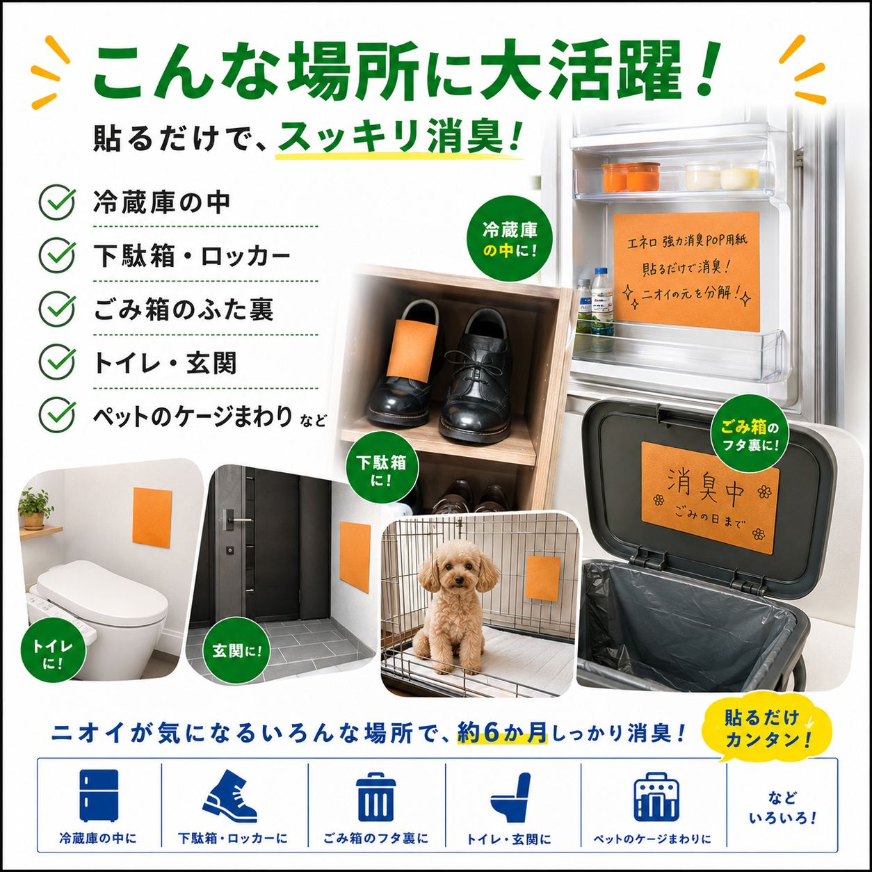 【書ける消臭紙】エネロ 強力消臭POP用紙 A4 10枚入 消臭シート 消臭紙 約6か月 靴箱 冷蔵庫 ゴミ箱 トイレ ペット ロッカー 下駄箱 手書きPOP