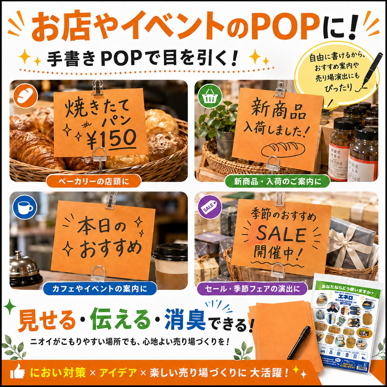【書ける消臭紙】エネロ 強力消臭POP用紙 A4 10枚入 消臭シート 消臭紙 約6か月 靴箱 冷蔵庫 ゴミ箱 トイレ ペット ロッカー 下駄箱 手書きPOP