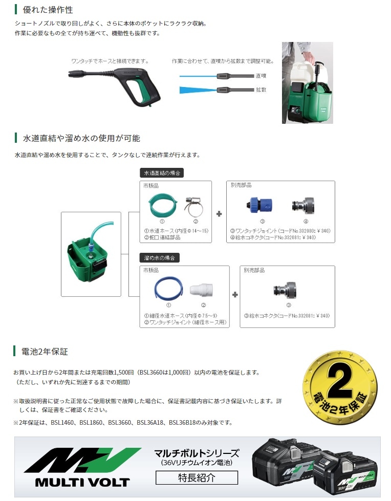 HiKOKI コードレス高圧洗浄機 AW14DBL(LYP) バッテリ(BSL1460)+