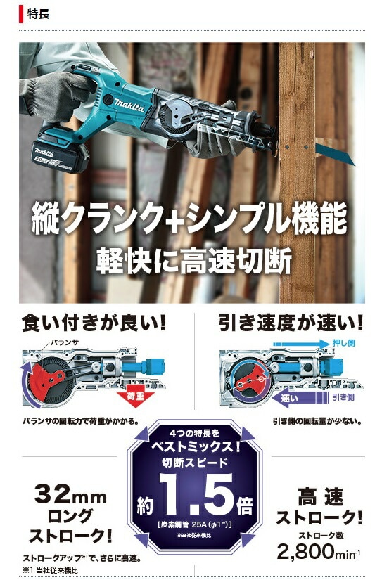 マキタ)充電式レシプロソー JR186DZ 本体のみ ブラシ付モータ 