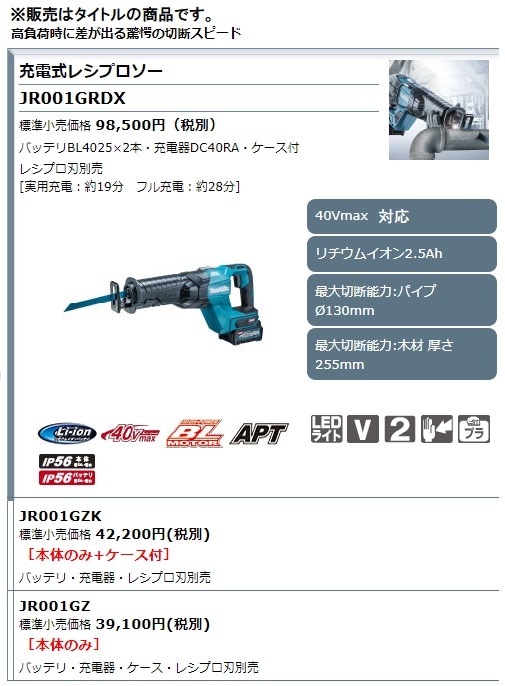 マキタ)充電式レシプロソー JR001GZ 本体のみ 40Vmax対応 makita 