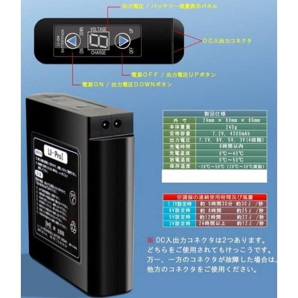 空調服 LI-BT1 空調服用バッテリ Li-ProI Li-Pro1用リチウムイオン