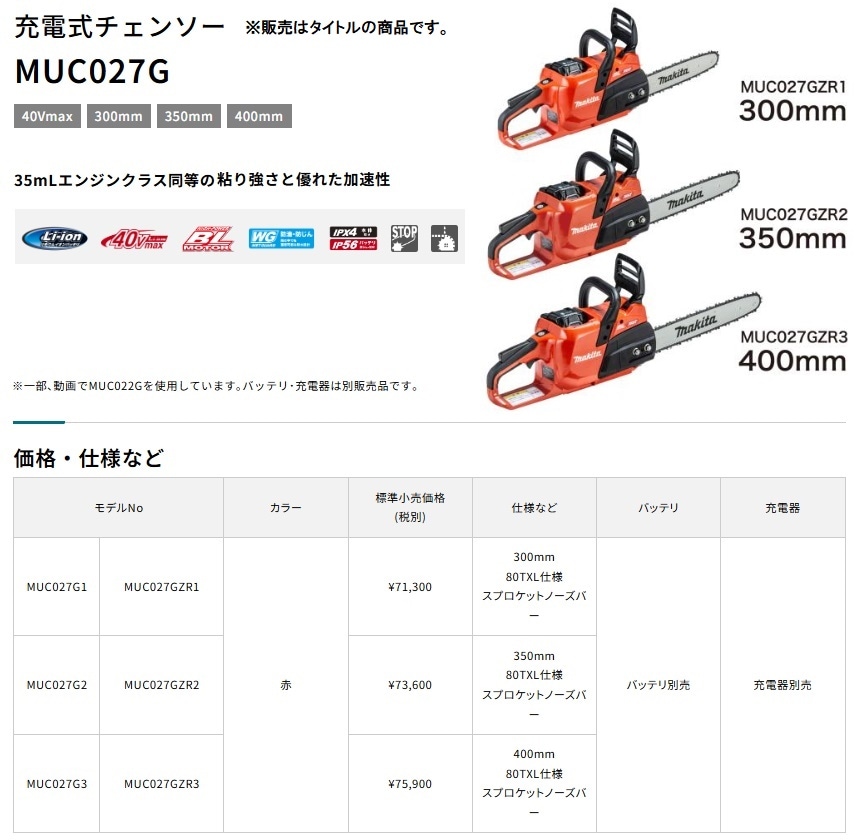 マキタ) 充電式チェンソー MUC027GZR3 赤 本体+M400C ガイドバー長さ