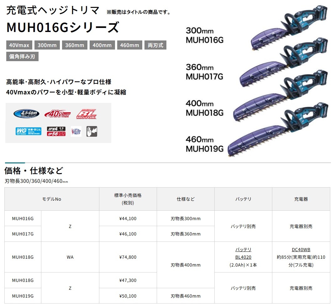 マキタ) MUH018GWA 充電式ヘッジトリマ 両刃式 バッテリBL4020x1