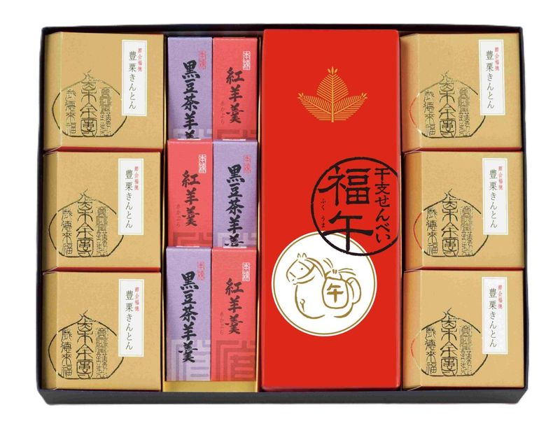 冬の御詰合せ B6(干支せんべい10枚入1・豊栗きんとん6・黒豆茶羊羹小形3・紅羊羹3)の数量・のしを指定してのご購入画面へ移動します