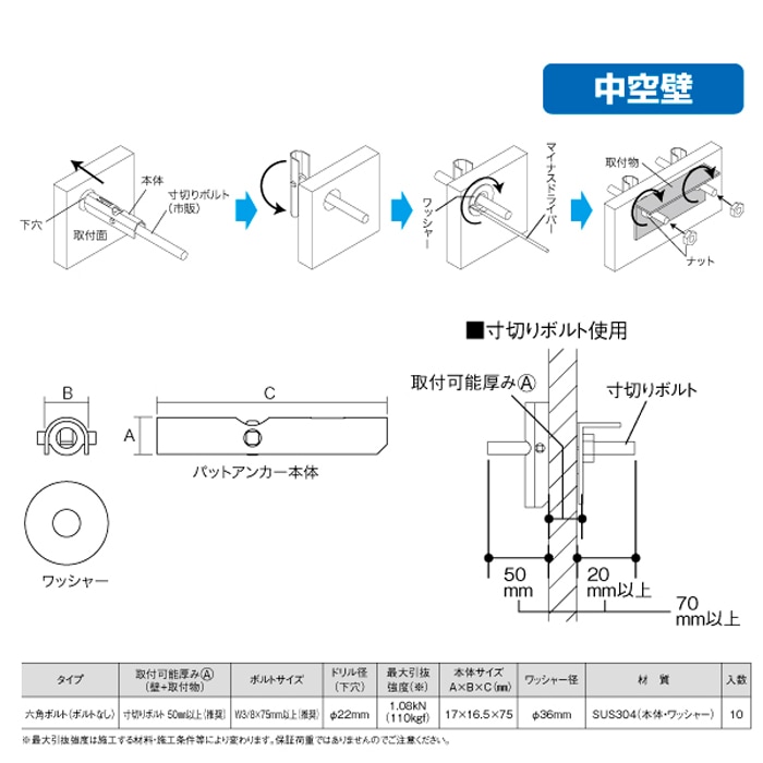 ジェフコム AP-9SN パットアンカー(ステンレス・ネジなし) 10本入 【取寄商品】