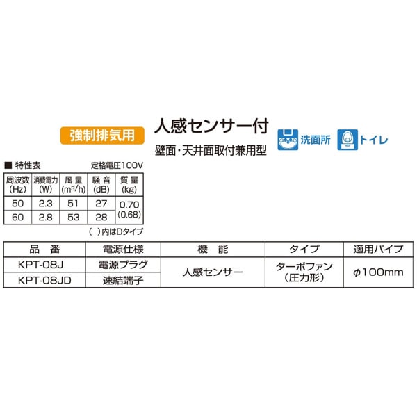 バクマ工業 KPT-08J 排気ファン 強制排気用 人感センサー付 パイプ用ファン【取寄商品】