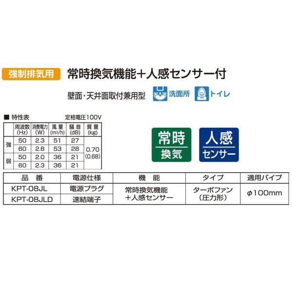 バクマ工業 KPT-08JLD-BK 排気ファン 強制排気用 常時換気機能・人感センサー付 ブラック パイプ用ファン【取寄商品】