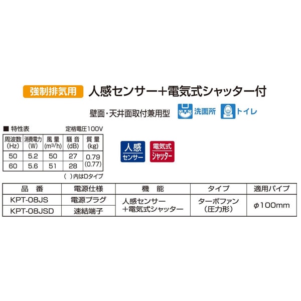バクマ工業 KPT-08JSD 排気ファン 強制排気用 人感センサー・電気式シャッター付 パイプ用ファン【取寄商品】