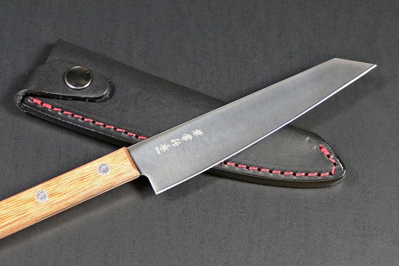 兼常作 切付ペティナイフ　120mm  赤合板柄【レザーシース付き】　(KB-307)　【一般便】