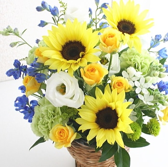 ひまわりと青い花のアレンジメント アレンジメント Kankan Flower Shop